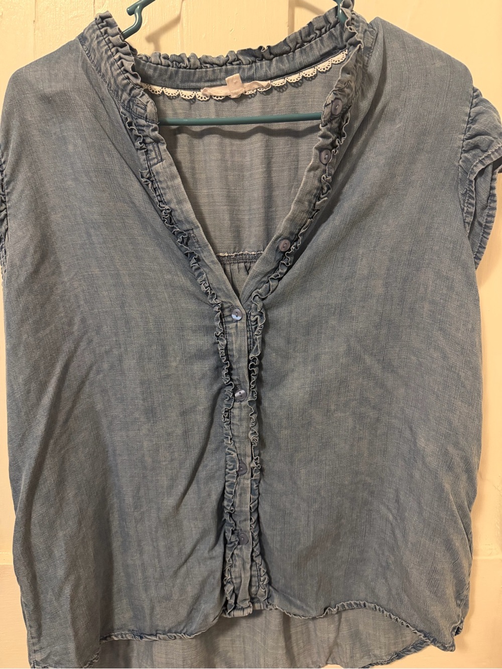 Jane and Delancey Light Blue Ruffle-Trim Button Front Blouse